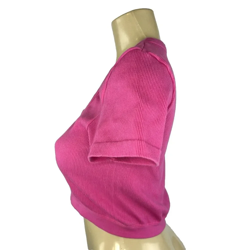 Alo Yoga Seamless Ribbed Serene Short Sleeve Top Size L Pink Cropped Active